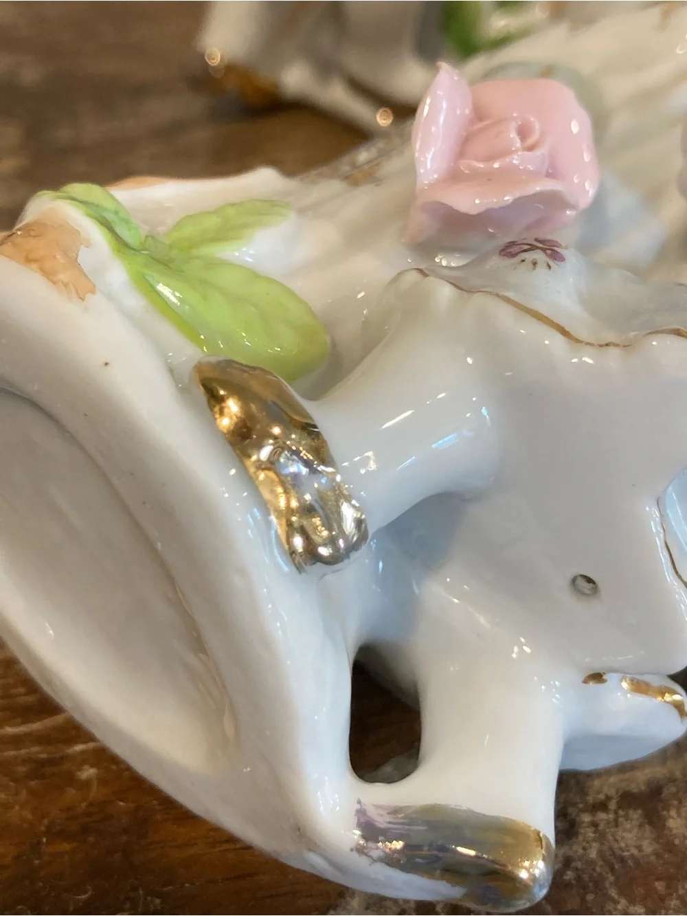 Pair of Boy & Girl Floral Mantel Vases in White & Gold Roses